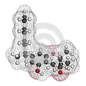 Nabilone antiemetic drug molecule. Analog of Cannabis compound THC. 3D rendering. Atoms are represented as spheres with