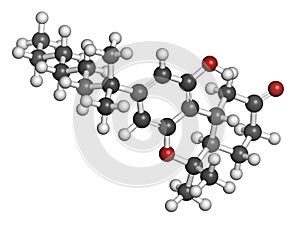 Nabilone antiemetic drug molecule. Analog of Cannabis compound THC. 3D rendering. Atoms are represented as spheres with photo