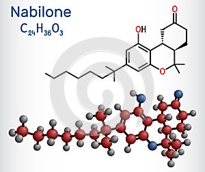 Nabilone molecule. It is synthetic cannabinoid, used as antiemetic drug. Structural chemical formula and molecule model