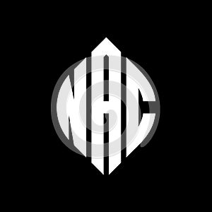 NAC circle letter logo design with circle and ellipse shape. NAC ellipse letters with typographic style. The three initials form a