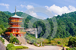 Nachi Falls, Japan. Waterfall and red temple