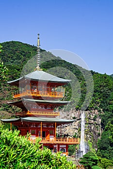 Nachi, Japan at the pagoda of Seigantoji and Nachi no Taki waterfall. photo