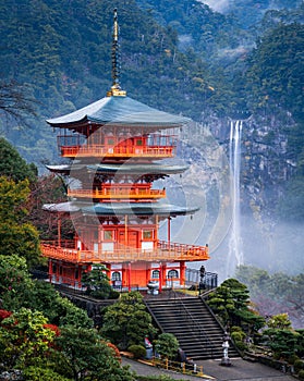 Nachi waterfall with red pagoda, Wakayama, Japan