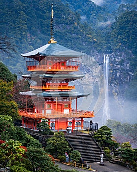 Nachi waterfall with red pagoda, Wakayama, Japan photo