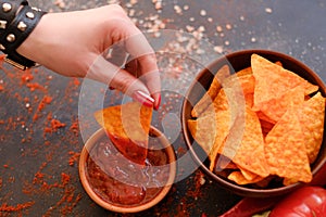Nacho chips party munchies food snack sauce dip photo