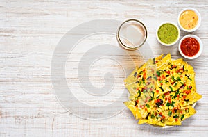 Nacho Tortilla Chips with Beer and Dip on Copy Space