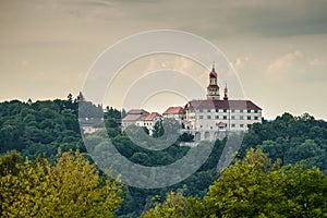 Nachod Castle, viewpoint to the hill with the castle and surrounding forest