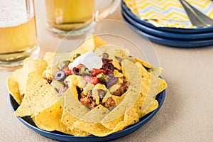 Nachos with beef, jalapeno peppers, olives, tomato, beans, cheese and sour cream