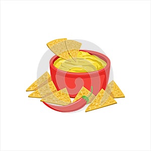 Nachos Chips With Cheese Dip Traditional Mexican Cuisine Dish Food Item From Cafe Menu Vector Illustration