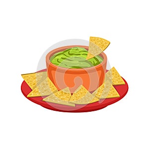 Nachos Chips With Guacamole Traditional Mexican Cuisine Dish Food Item From Cafe Menu Vector Illustration
