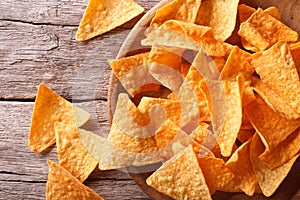 Nachos corn chips in the bowl close-up. Horizontal top view