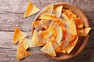 Nachos corn chips in the bowl. Horizontal top view