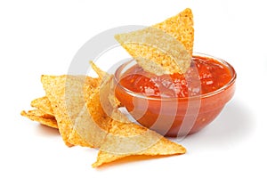 Nachos, corn chips with fresh salsa photo