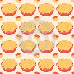 Nachos with sauce seamless pattern. Mexican fast food with salsa rojo red repeat background. Cheese tortilla chips with gravy photo