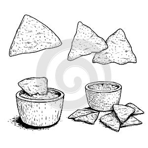 Nachos sketch style set. Single, group and with sauce nachos. Traditional mexican food. Hand drawn. Retro style. Vector illustrati