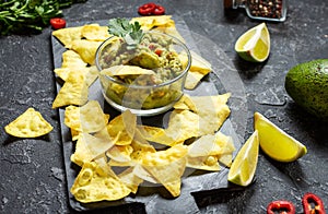 Nachos. Tortilla Chips with Guacamole on stone background