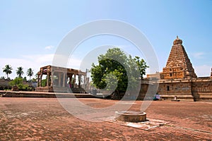 Nadi mandapa on the left and Brihadisvara Temple, Tanjore, Tamil Nadu photo
