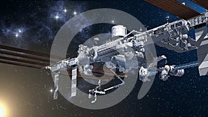 Nadir side of the International Space Station flying above Eart