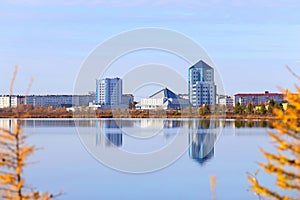 Nadym city and Yantarnoe lake in autumn in the North of Western Siberia