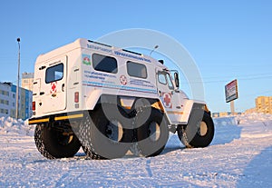 Russian high-traffic medical vehicle in winter in the North of Siberia