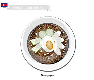 Naengmyeon or Korean Cold Noodles with Egg and Kimichi