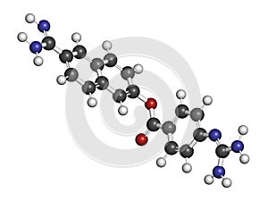 Nafamostat drug molecule serine protease inhibitor. 3D rendering. Atoms are represented as spheres with conventional color.