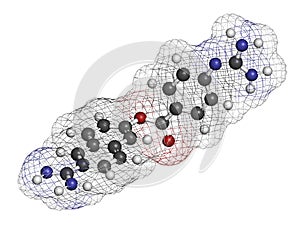 Nafamostat drug molecule serine protease inhibitor. 3D rendering. Atoms are represented as spheres with conventional color. photo