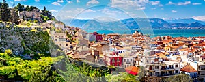 Nafplio, Greece aerial view and snow mountains