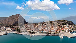 Nafplio or Nafplion city, Greece, Old town and fortress aerial drone view