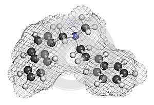 Naftifine antifungal drug molecule. 3D rendering. Atoms are represented as spheres with conventional color coding: hydrogen (white