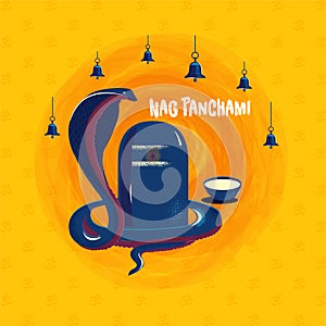 Nag Panchami Poster, Vector illustration on om pattern abstract background with temple bells