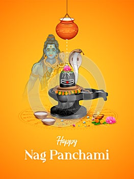 Nag snake with Shiv Linga for traditional Indian Hindu festival celebration with Hindi text message meaning Happy Nag