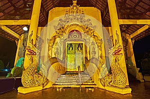 Naga serpents and ornate gate of Phra Viharn Luang of Wat Chedi Luang, Chiang Mai, Thailand