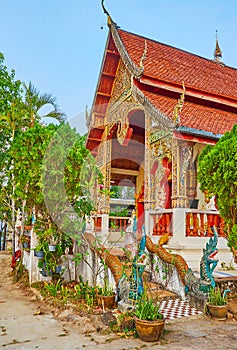 The Naga serpents at Wat Phra That Mae Yen Ubosot, Pai, Thailand