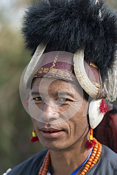 Naga Tribal warrior portrait at Hornbill festival,Kohima,Nagaland,India on 1st December 2013