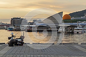 Nagasaki, Japan. Dejima wharf shopping area at sunset photo