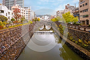 Meganebashi Bridge is the most remarkable of several stone bridges. The bridge gets its name from