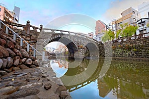 Meganebashi Bridge is the most remarkable of several stone bridges. The bridge gets its name from