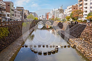 Meganebashi Bridge is the most remarkable of several stone bridges. The bridge gets its name from photo