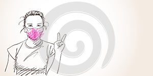 Nage girl in pink face mask for coronavirus prevention showing V sign peace gesture, Covid-19 pandemic quarantine Hand drawn