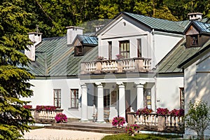 Panoramic view of park and historic museum manor house of Mikolaj Rej, polish renaissance poet and writer in Naglowice, Poland