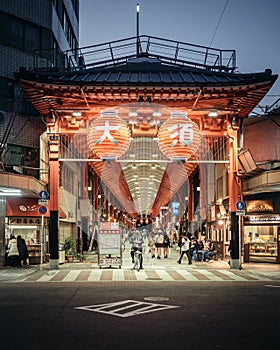 Nagoya, Aichi, Japan - Entrance of Osu Shopping district with giant red Japanese lanterns. Near the Osu Kannon Temple