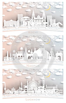 Nagpur, Lucknow and Kochi India City Skyline Set in Paper Cut Style photo