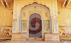 Nahargarh Fort ancient palace stone gate with medieval artwork at Jaipur, Rajasthan, India