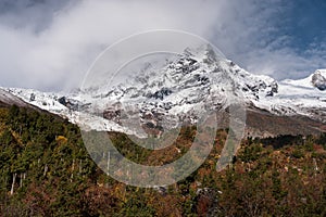 Naike peak view from Samagaun in autumn season, Himalaya mountains range in Manaslu circuit trekking route, Nepal