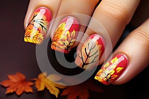 Nail art, autumn leaves design, illustration generated by AI