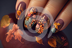 Nail art, autumn leaves design, illustration generated by AI