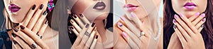 Nail art design. Four looks of woman with different make-up and manicure. Fashionable jewellery. Beauty portraits