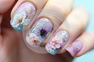 Nail art, pink floral design, illustration generated by AI