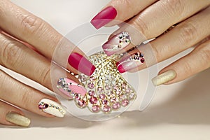 Nail art with various shaped rhinestones